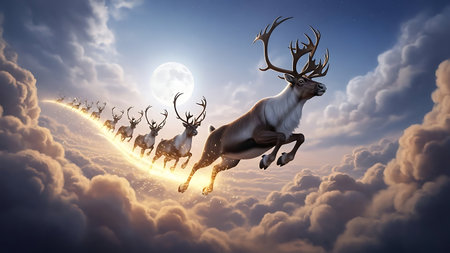 Santa Claus flying in the sky with reindeers. 3D renderingの素材