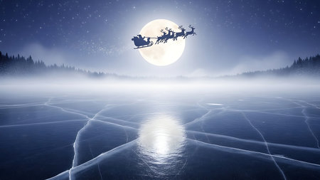 Santa Claus flying over the frozen lake at night. 3D renderingの素材