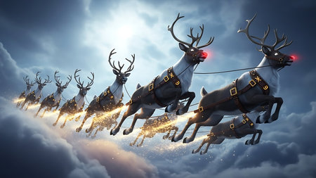 Santa Claus flying in the sky with reindeers. 3D renderingの素材