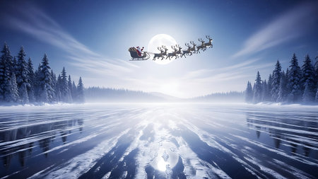 Santa Claus flying with reindeers against digitally generated image of winter landscapeの素材