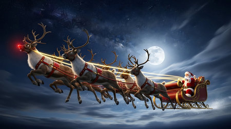 Santa Claus with reindeer sleigh in the night sky.の素材