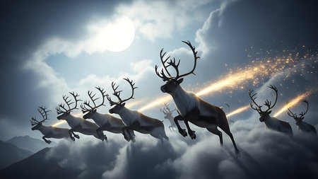 Reindeers flying high in the sky. 3D rendering.の素材