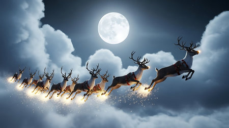 Reindeers flying in the night sky with full moon. Mixed mediaの素材