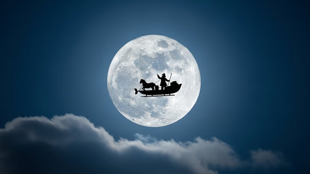Santa Claus flying in his sleigh against the background of the moonの素材