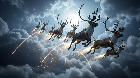 Reindeers flying in the sky with fireworks. 3D renderingの素材