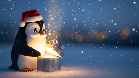 Cute penguin with christmas gift on snow background. Christmas concept.の素材
