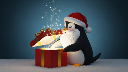 Cute penguin with Christmas gift box. 3D rendering.の素材