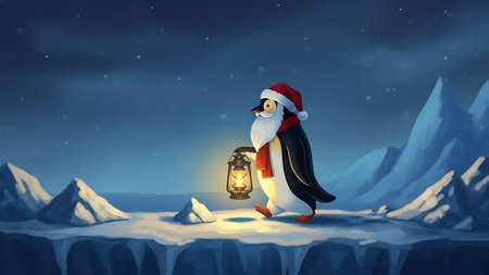 Merry Christmas and Happy New Year. Funny cartoon penguin with a lantern in the snow.の素材