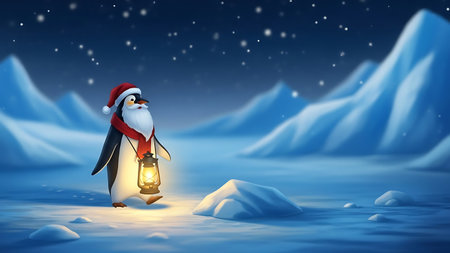 Santa Claus and penguin in the snow. 3D illustration.の素材