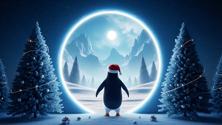 Penguin in the winter forest. Christmas background. 3D renderingの素材