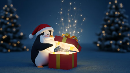 Cute penguin with gift box and christmas tree - 3d renderingの素材