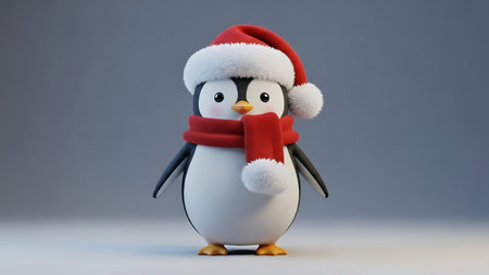 Penguin wearing a Santa Claus hat and scarf on a gray backgroundの素材