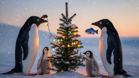 Christmas and New Year background with penguins and Christmas tree in the snowの素材