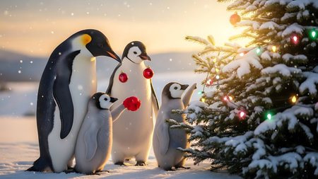 Penguin family in the snow, Christmas and New Year backgroundの素材