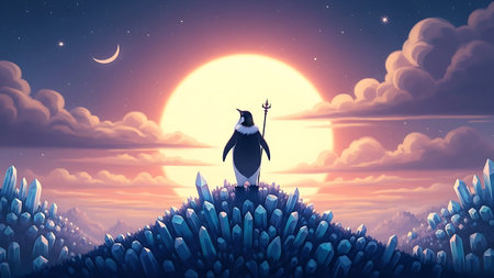Penguin in the moonlight. 3d render illustration.の素材