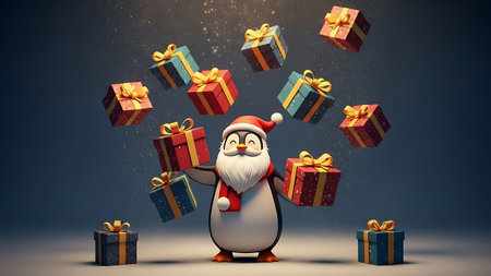 Cute cartoon penguin with lots of gift boxes on dark backgroundの素材