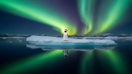 Penguin in the northern lights on the ice floe.の素材