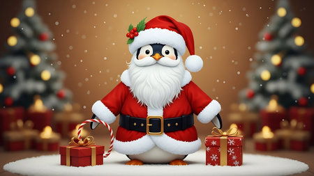 santa claus with gift boxes and christmas tree 3d renderingの素材