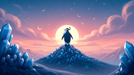 Penguin on the top of the mountain at night. Vector illustration.の素材