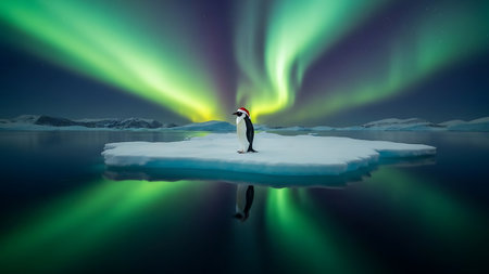 Penguin on the ice with northern lights. 3d renderingの素材