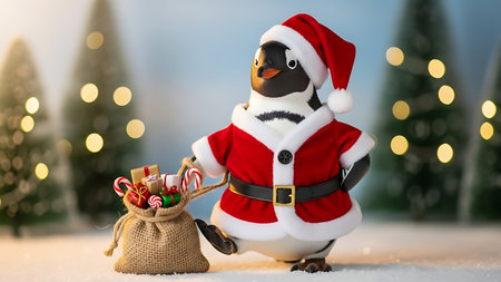 Christmas and New Year concept. Cute little penguin wearing Santa Claus costume with sack of gifts and christmas tree on background.の素材
