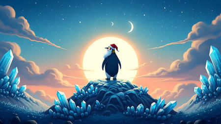 Penguin on a rock in the moonlight. Vector illustration.の素材