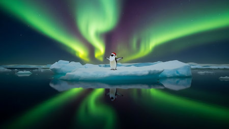 Penguin with Christmas hat on ice floe with northern lightsの素材