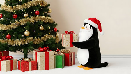 Penguin with gift boxes under Christmas tree. 3D renderingの素材