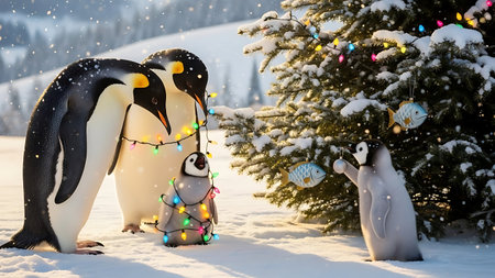 Penguins with Christmas lights and a Christmas tree in the snowの素材