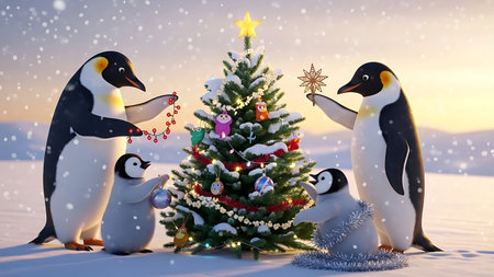 Penguins decorate the Christmas tree. 3D illustration.の素材