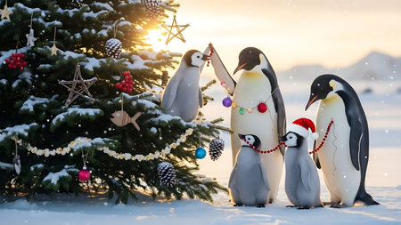 Penguins and Christmas tree in the snow. Christmas background.の素材