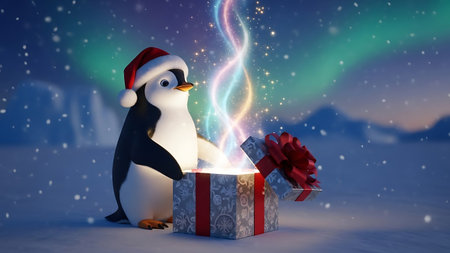 penguin with christmas gift box 3d-illustrationの素材