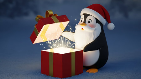 Christmas penguin with gift box and fireworks - 3d render illustrationの素材