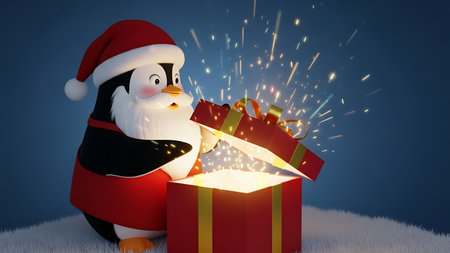 penguin coming out of a gift box, 3d renderingの素材