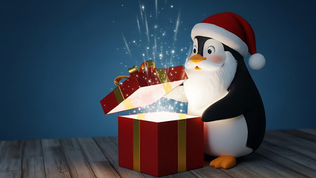 Christmas penguin coming out of a gift box. 3D rendering.の素材