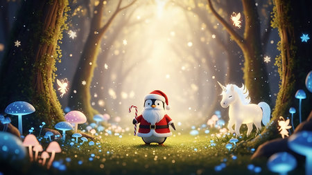 Santa Claus in magical forest. Christmas and New Year concept. 3D Renderingの素材