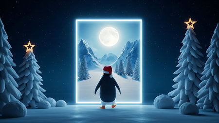 Cute penguin standing in front of a door in the night forest.の素材