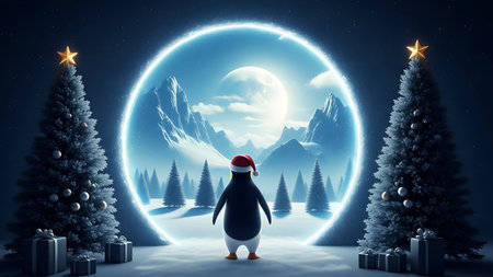Penguin in santa hat against christmas background 3dの素材
