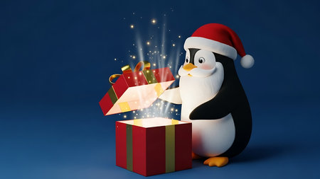 Penguin in a christmas gift box. 3d illustrationの素材