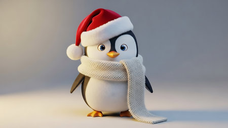 Penguin with Santa Claus hat and scarf on white background.の素材