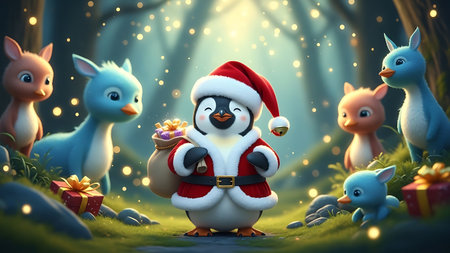 Funny christmas penguin with snowman and little animals in the forestの素材