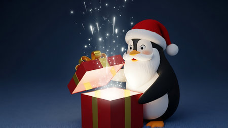 Christmas penguin coming out of a gift box. 3d illustration.の素材