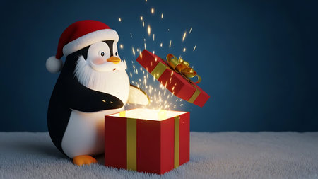 Christmas penguin coming out of a gift box. 3d renderingの素材