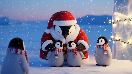 Cute penguins family with Christmas lights and snowflakes.の素材