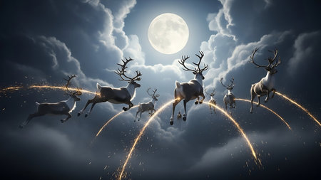 3d rendering of reindeer flying in the night sky with full moonの素材