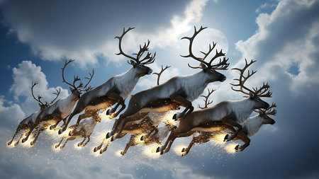 3d rendering of a group of reindeers running in the skyの素材