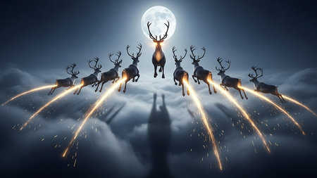 Reindeers flying in the night sky. 3D rendering.の素材