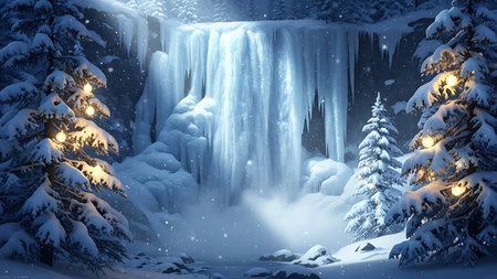 Fantasy winter landscape with frozen waterfall and snow covered trees. 3D Renderingの素材