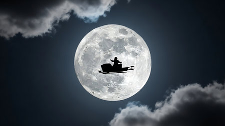 Santa Claus flying on reindeer against full moon in night skyの素材