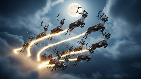 Santa flying in the sky with his reindeers. Mixed mediaの素材